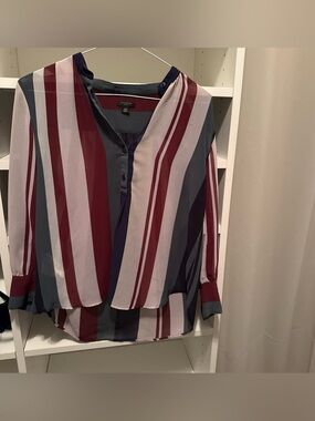 Ann Taylor Striped Button-Front Blouse in Burgundy, Gray & Navy